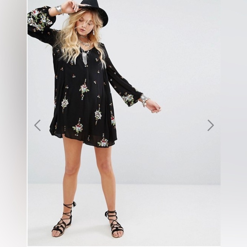 Free People Oxford Black Embroidered Balloon Sleeve Boho Mini Dress Tunic, M - Picture 5 of 14